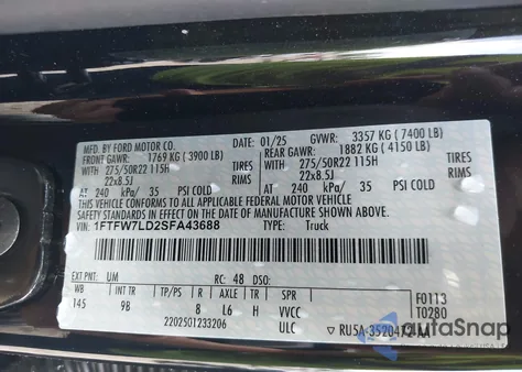 2025 Ford F-150 Platinum z USA, uszkodzony, nr VIN 1FTFW7LD2SFA43688